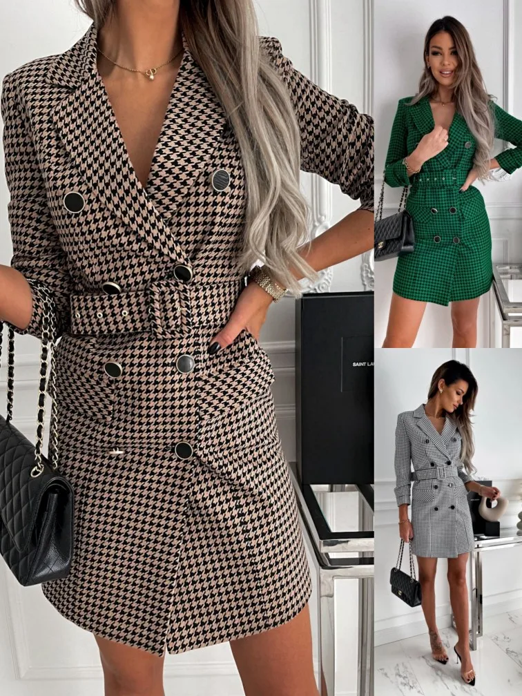 

Suits with skirt thousand bird korean style plaid print work suit women dress coat tweed skirt lapel double row button