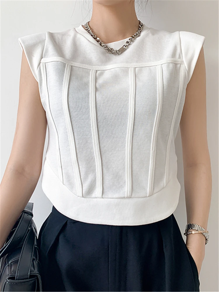 

Новинка 2022, однотонные женские футболки с искусственными плечами, минималистичные Лоскутные Повседневные рубашки без рукавов, короткие же...