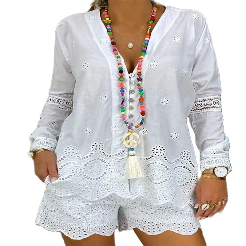 

Summer White Two Piece Set Women 2021 Casual Shorts Sets Long Sleeve Elegant Drawstring Shorts V-Neck Plus Size Shorts Mujer Set