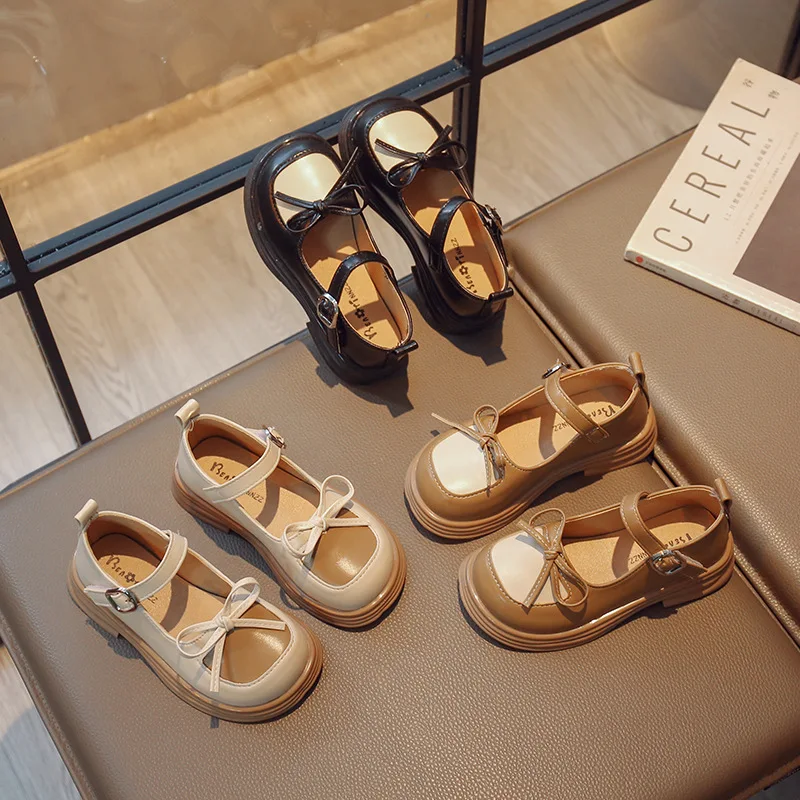 

Children Princess Leather Shoes Casual Baby Black White Brown Girls Fashion Brand Sweet Kids Girl Butterfly-knot Shoes G02063