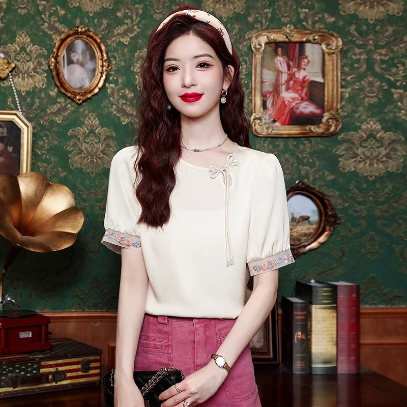 Летняя женская блузка с коротким рукавом и круглым вырезом шифоновая бахромой