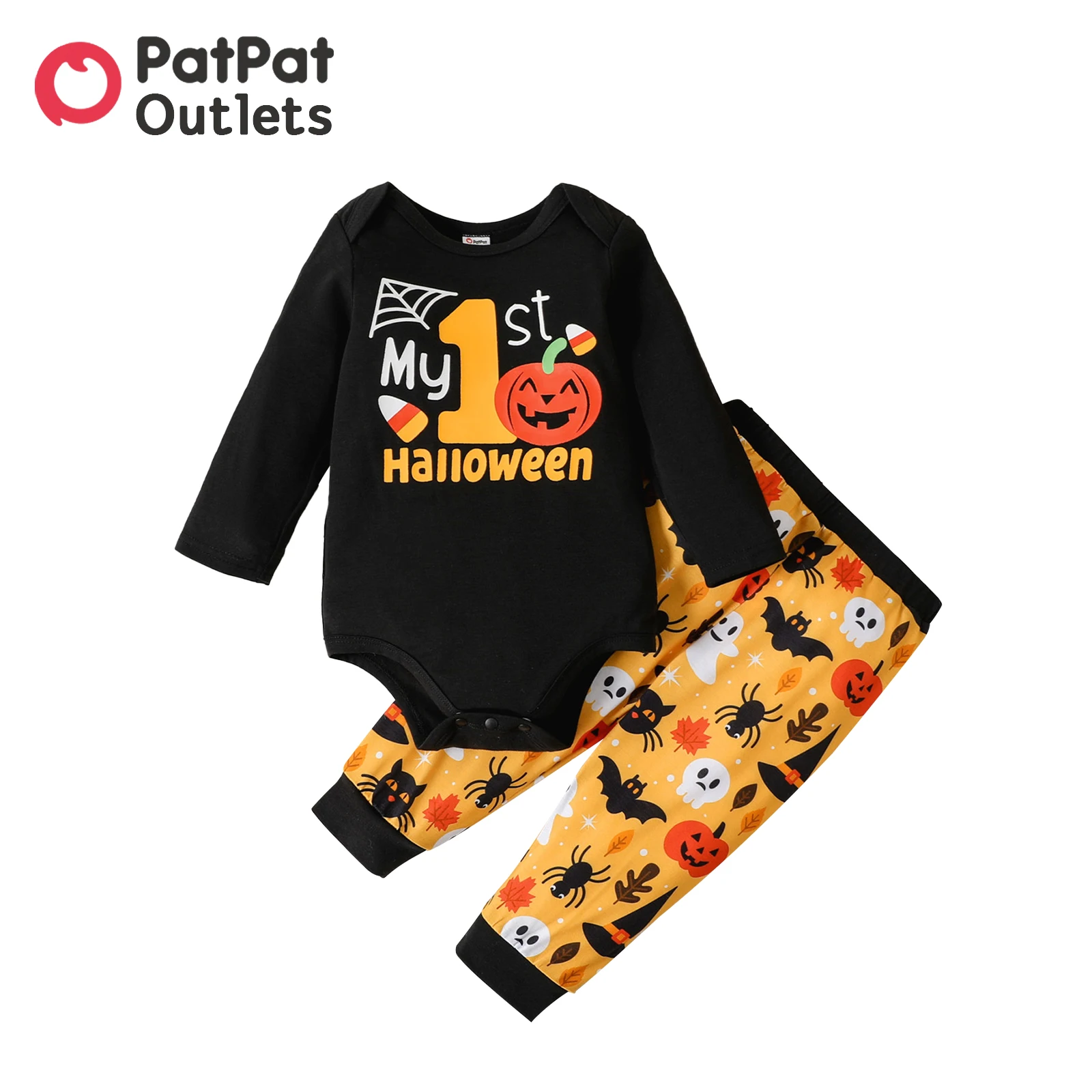 

PatPat Halloween 2pcs Baby Boy Long-sleeve Graphic Romper and Allover Print Pants Set Halloween Costumes for Boys Clothes