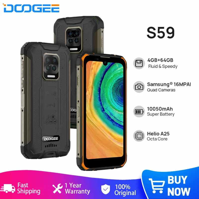 

DOOGEE S59 Rugged Phone 10050mAh Super Battery Smartphone 4GB+64GB Cellphone IP68/IP69K 2W Loud Volume Speaker Celular 2022 Hot