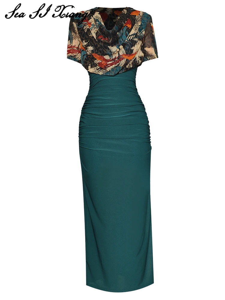 

Seasixiang Fashion Designer Summer Dress Women Pile collar Short Sleeve Folds Split Long Package Buttocks Dresses