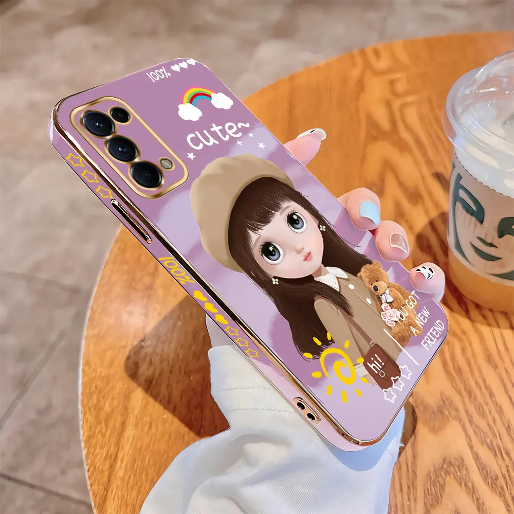 

For OPPO Reno5 Reno4 4G 5G Reno 4 5 Pro 5G Luxury Square Case Cartoon Girls Plating Soft TPU Cover Shockproof Cases