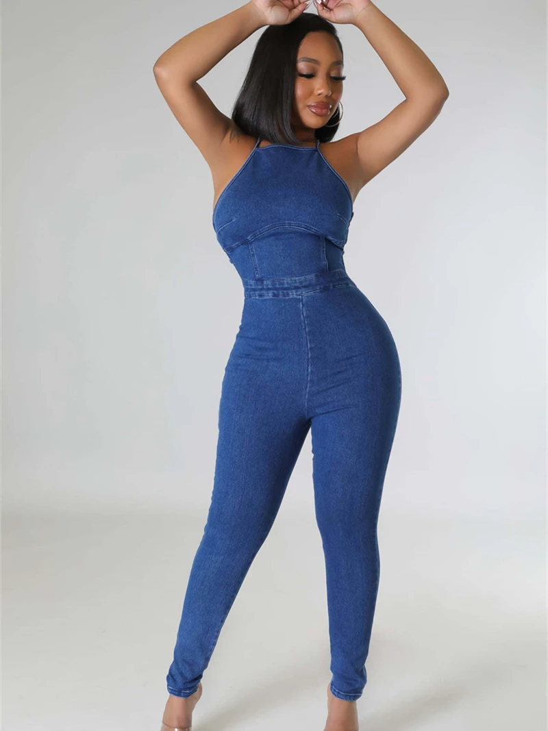 

INS Sexy Denim Jumpsuits for Women Summer Clothing Backless Lace Up Bandage Bodycon Jeans Rompers Playsuits One Pieces Overalls
