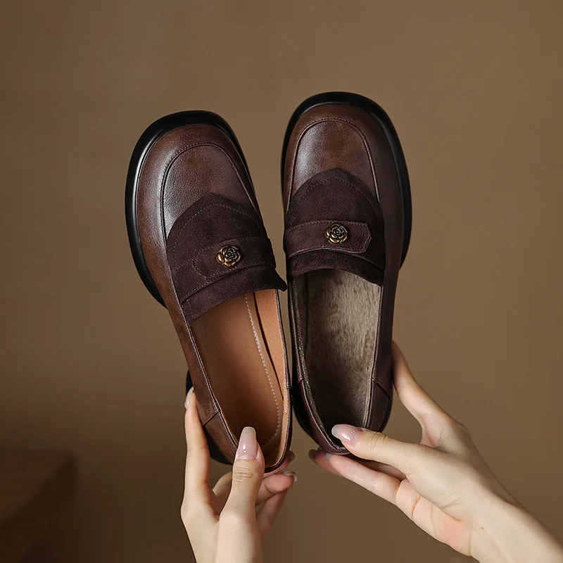 Phoentin Ретро дизайн глубокий рот платформа LoafersAutumn Зимние Туфли на среднем каблуке