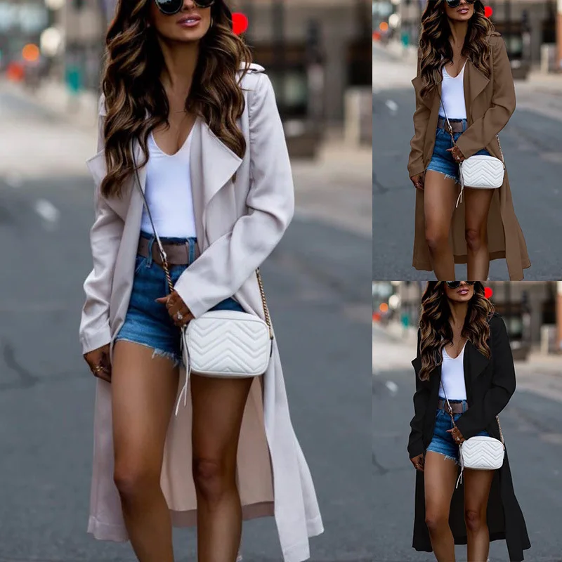 

2023 Autumn/Winter New Women's Long sleeved Polo Collar Solid Color Windbreaker Long Coat Women