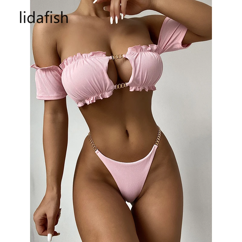 

lidafish Sexy Mini Thong Bikini Solid Color Pleated Bandeau Hot Pink Swimsuit Women Push Up Beachwear Bathing Suit