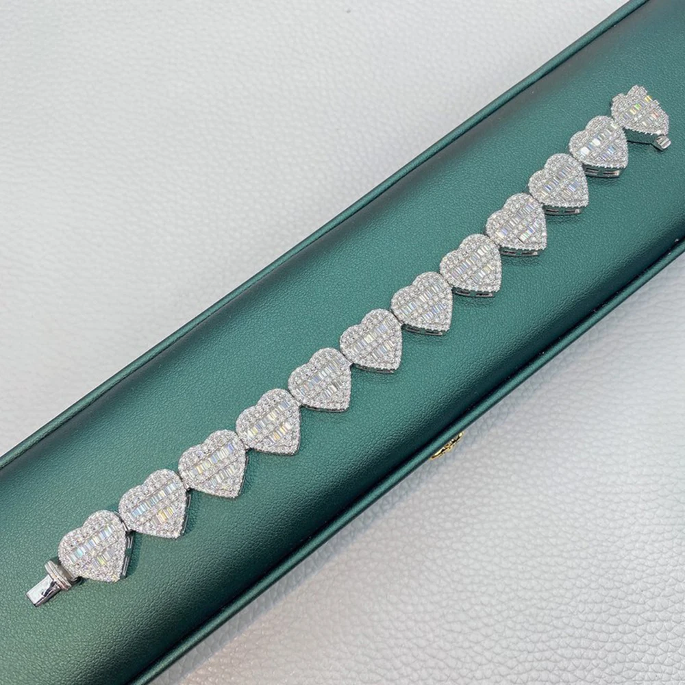 Bling Heart Moissanite Necklaces S925 Silver Cuban Link Chain Choker Real Diamonds for Women Men Pass Tester With GRA Free Ship