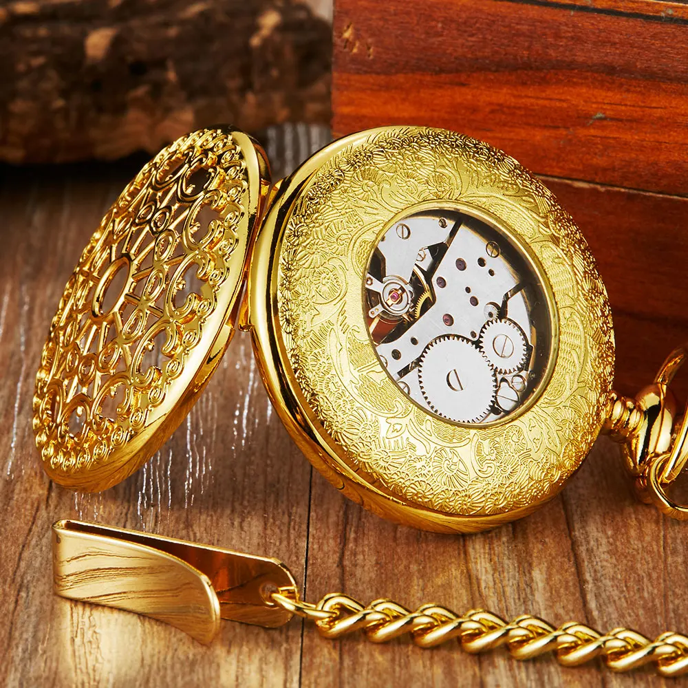 Golden Mechanical Pocket Watch Hand Wind Fob Watches Roman Numerals Moon Shape Hollow Dial Skeleton Clock Chain for Men Women