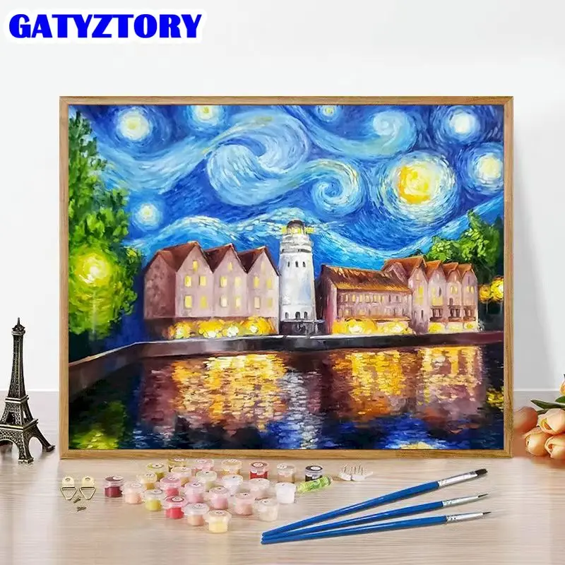 

GATYZTORY Oil Painting By Numbers Starry Sky Town Landscape HandPainted Paintings Art On Canvas Pictures Drawing Kits Home Deco