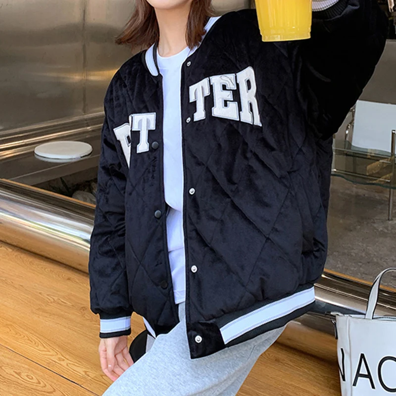 All-Match Women's Fleece Baseball Uniform Loose Fashion Letter Printing Thickened Cotton Padded Clothes Winter Outerwear 2022