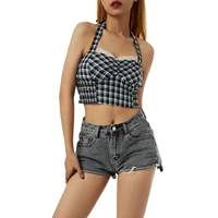 female polyester camisole summer plaid halter neck strappy vest lace trim crop tops for ladies black sml