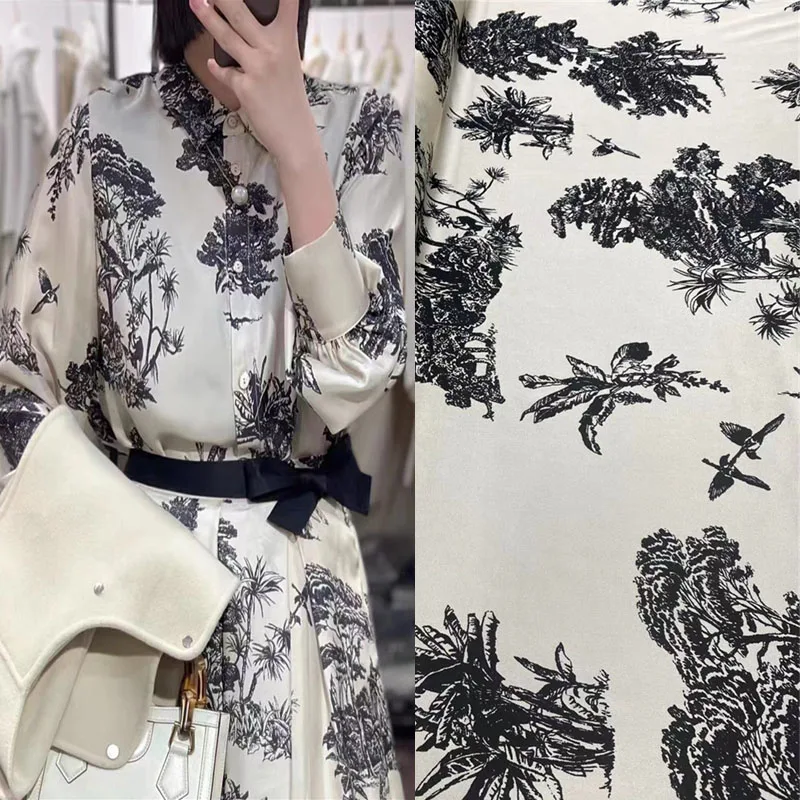 

European American White Background Tree Printed Twill Stretch Silk Fabric Haute Couture Shirt Dress Mulberry Light Luxury Fabric