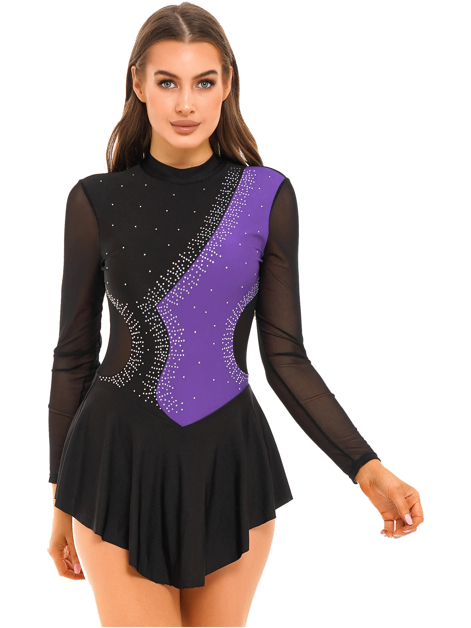 

Womens Sparkling Sheer Mesh Lyrical Ballet Dress Rhinestone Figure Skating Dance Dress Long Sleeve Cutout Back Leotard Dresses