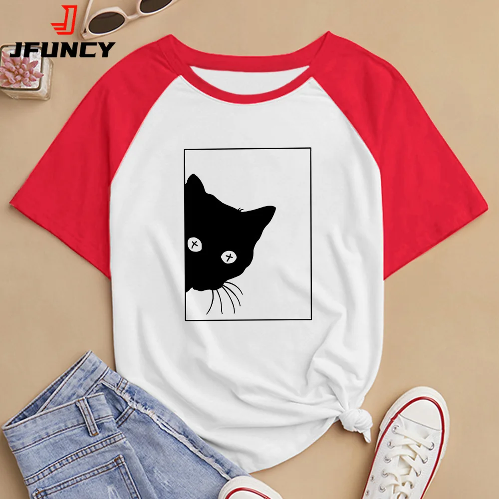 JFUNCY Women's Short Sleeve T-shirt Woman Summer Clothes 2022 Cat Printed Female Tshirts Fashion Girls Teenagers Tee Top
