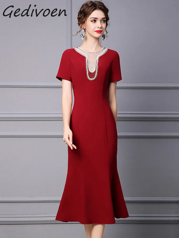 

Женское вечернее платье Gedivoen, летнее модельное элегантное платье с круглым вырезом, бусинами, бриллиантами и высокой талией