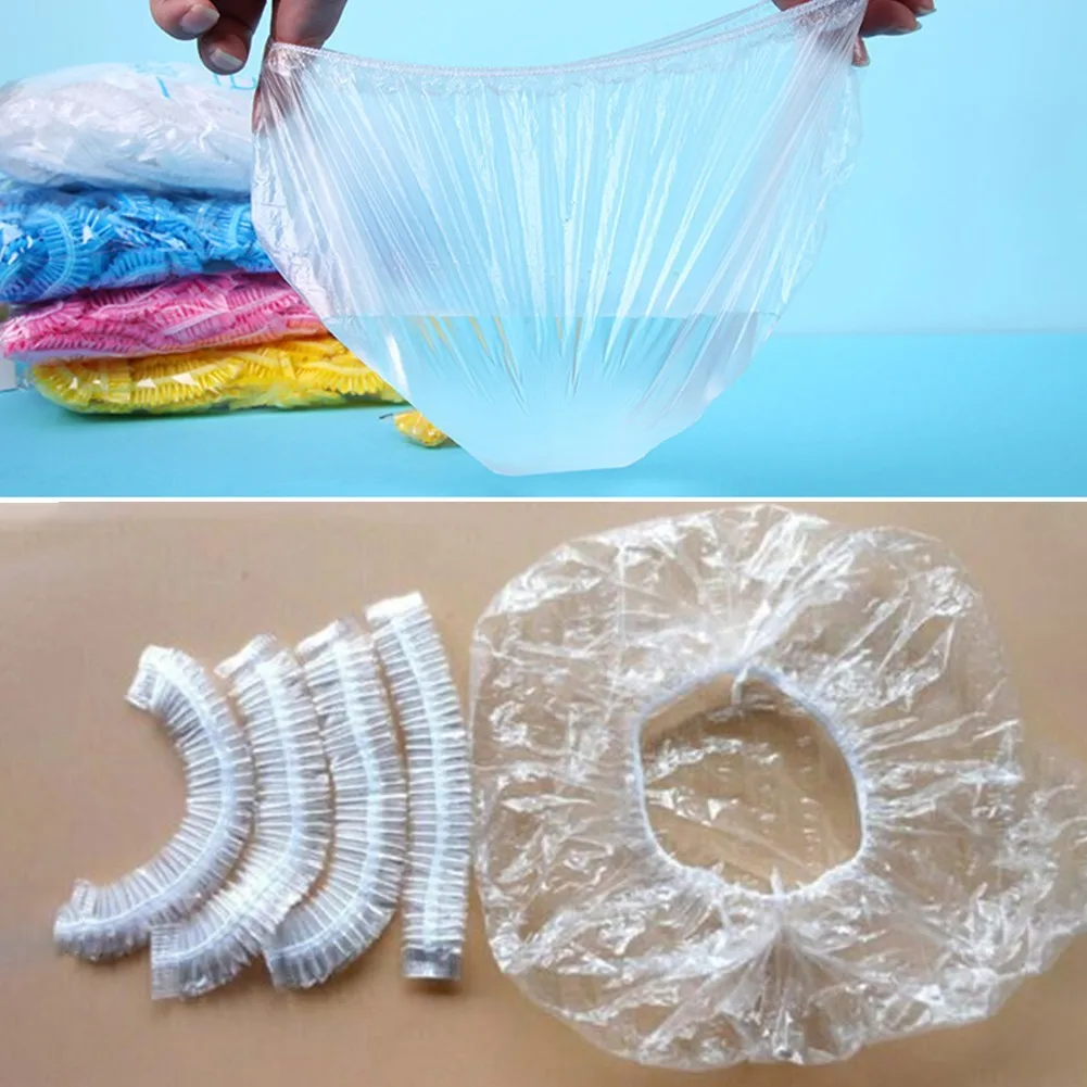 

Plastic Disposable Shower Cap Hat Waterproof Transparent Hair Moisture-proof Thickened Strip Bath Cap Hotel Supplies Bath Storag
