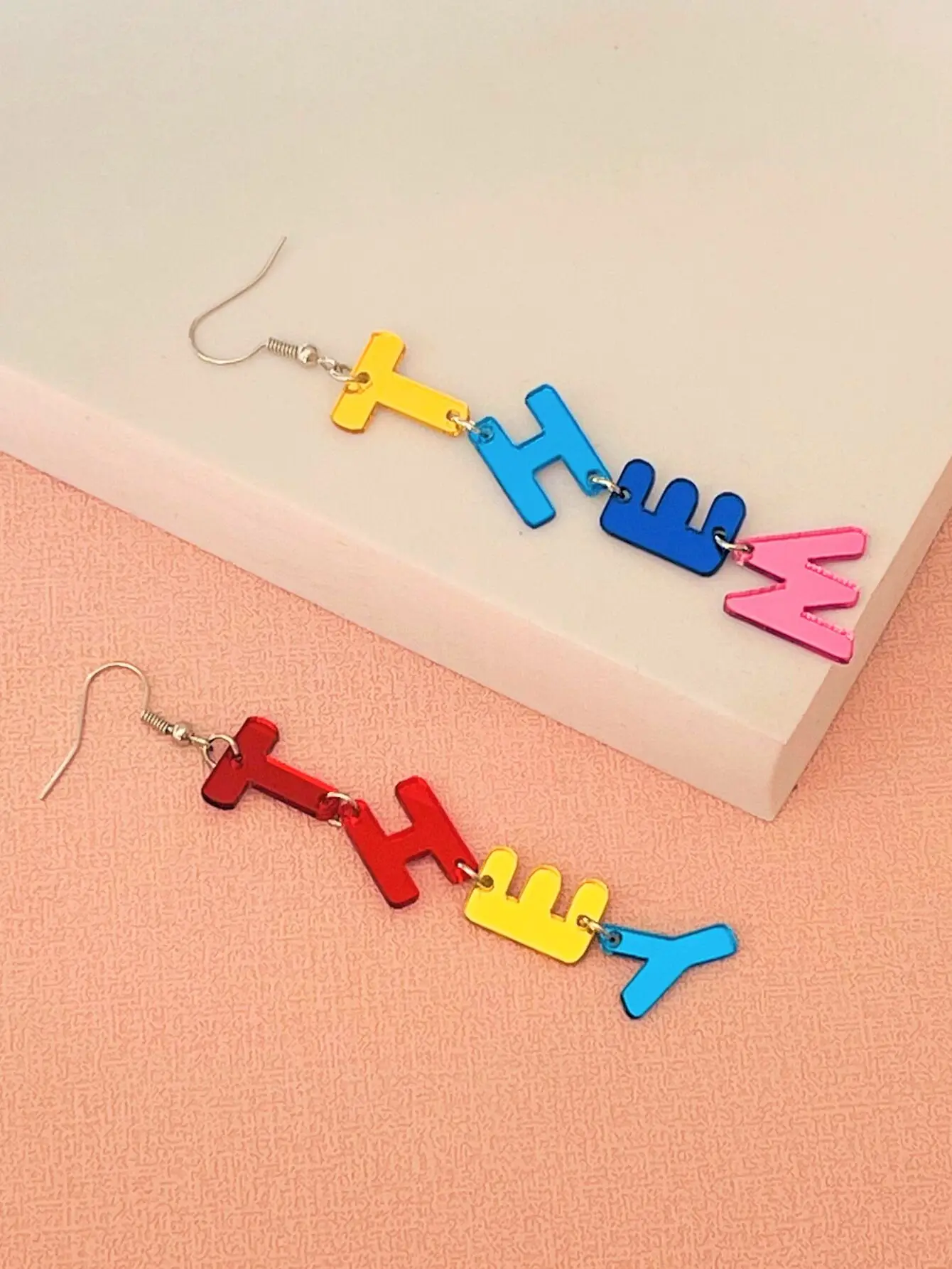 

Cute Colorful Letter Dangle Earrings They And Them Asymmetrical Alphabet Mirror Acrylic Laser Cut jewelry for Women