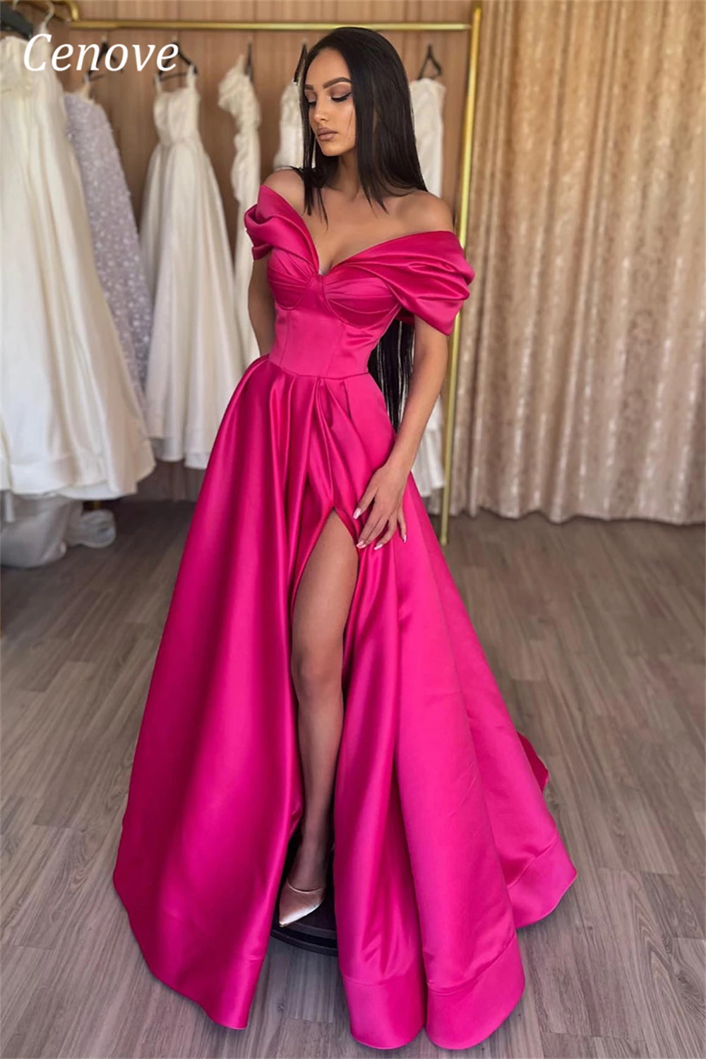

Cenove Long V-neck Taffeta Evening Gown Ruffle Prom Elegant A-Line Red Party Floor-Length Dresses for Robe New Women 2023