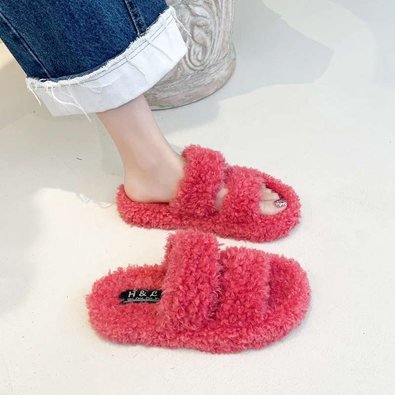 

Shoes Woman's Slippers Fur Flip Flops Platform Low Slides Flock 2022 Plush Massage Soft Flat Rome Rubber with fur Short Flock Sh