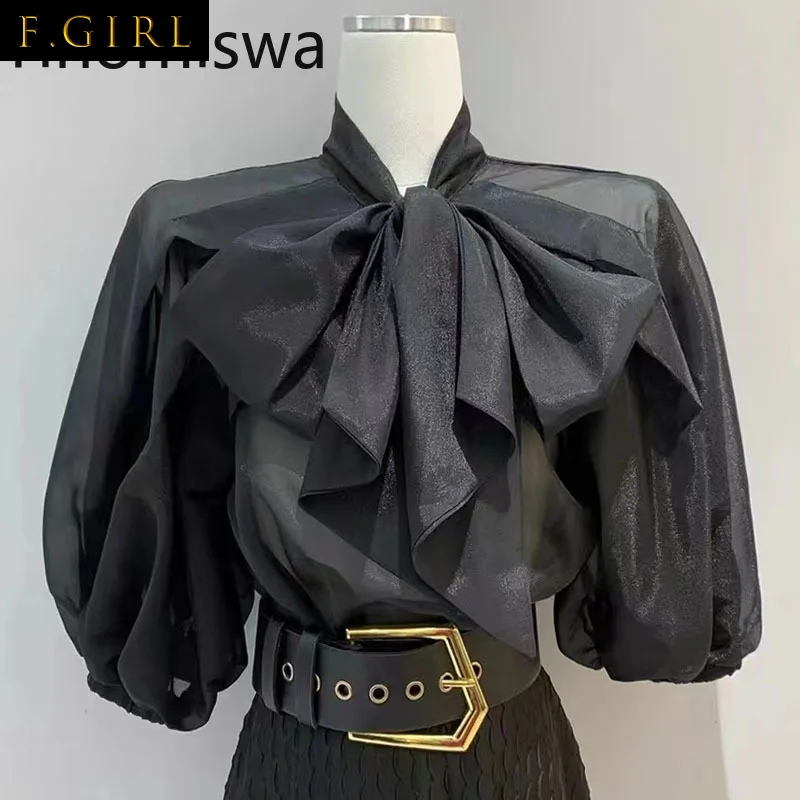 

F GIRLS Bow Knot Lace Up Blouse Women Puff Sleeve Solid Color Loose Casual Cheimse Femme Office Lady Fashion Camisas Mujer