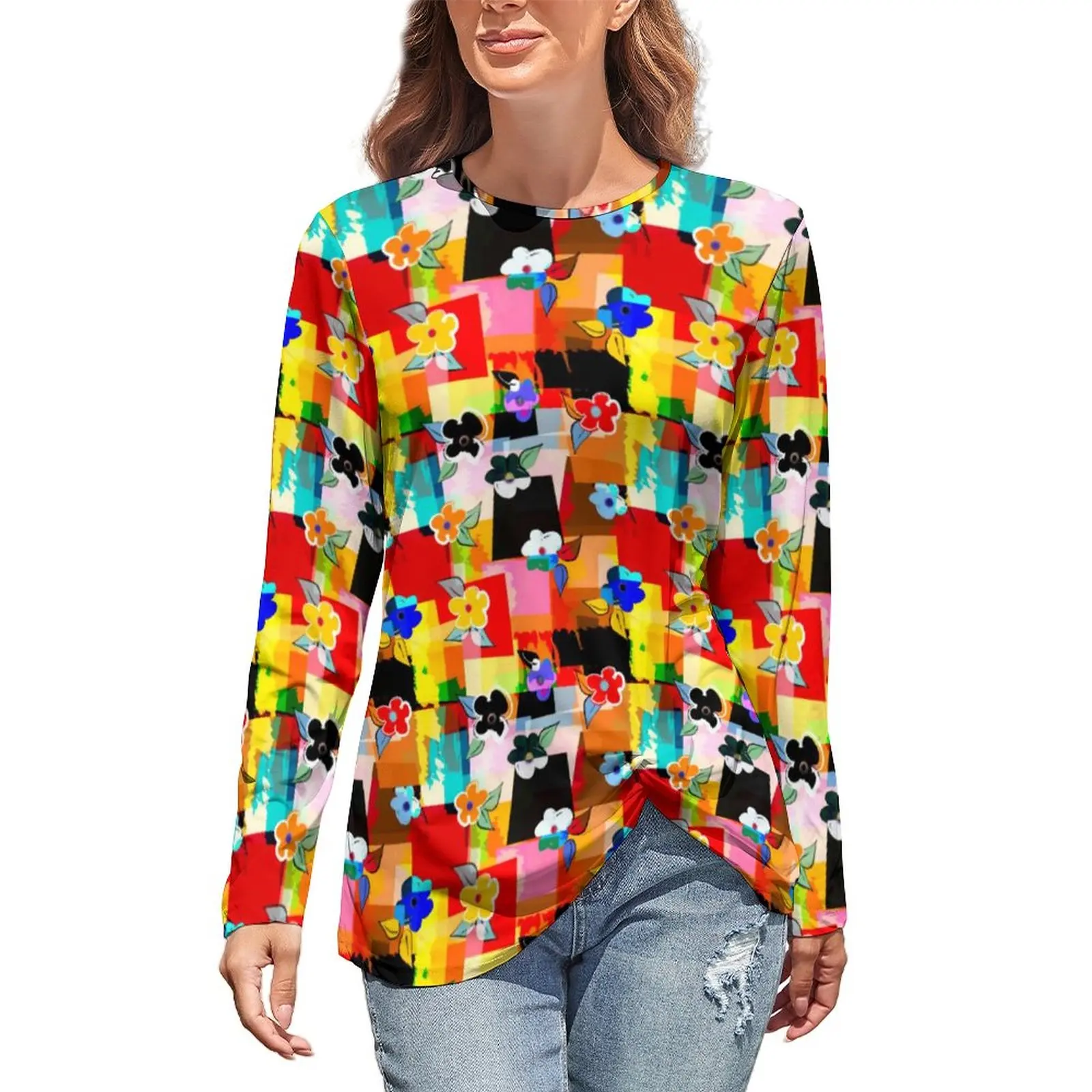 

Rainbow Colors T-Shirts Modern Graffiti Design Trendy T-Shirt Womens Long Sleeve Street Fashion Tops Oversized Pattern Clothes