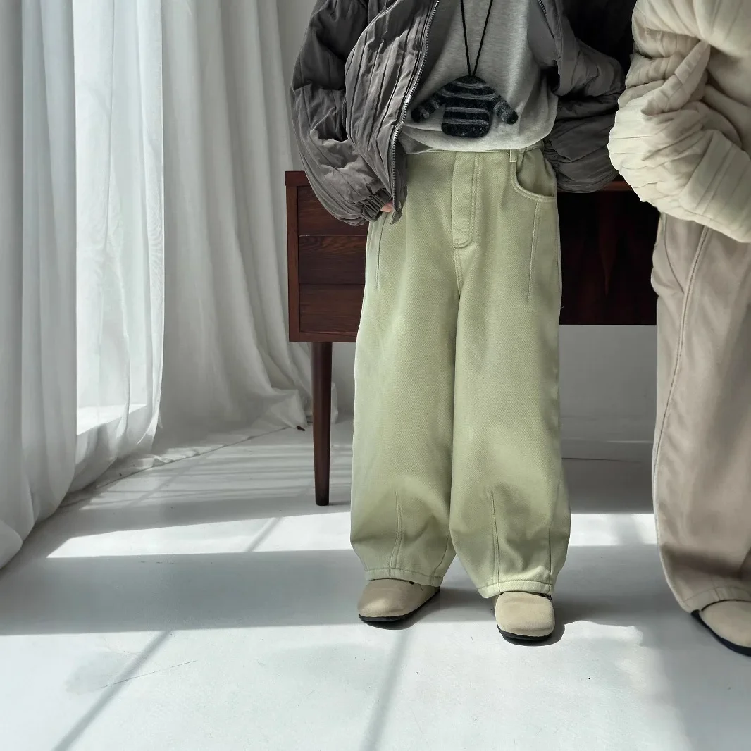 Детские брюки с бархатом новинка 2024 осень-зима мешковатые простой стиль