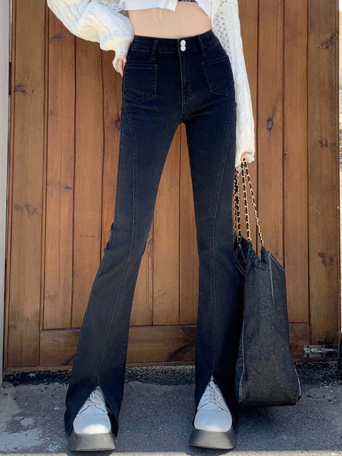 

ZHISILAO New Black High Waist Flare Jeans for Women Cotton Slim Fit Split Full Length Denim Pants Streetwear 2023