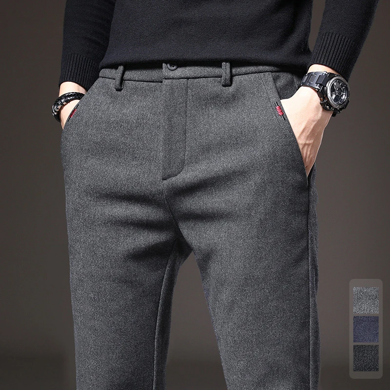 

Брюки мужские повседневные из матовой ткани, брендовые плотные облегающие деловые штаны, корейский стиль, Стрейчевые брюки серого, синего, черного цвета, 38, зима