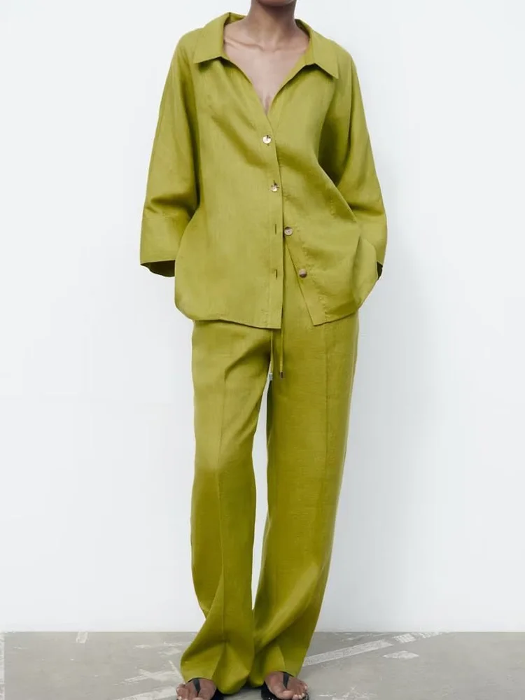 

NEW 2023 Women Summer 2 pieces sets Fashion Loose Linen Shirts Tops and Trousers Female Elegant Street Two Suits Clothing
