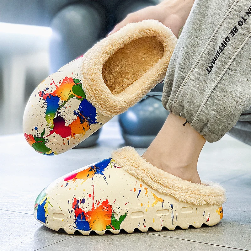 Домашняя хлопковая обувь для мужчин модные тапочки зимние теплые плюшевые тапки