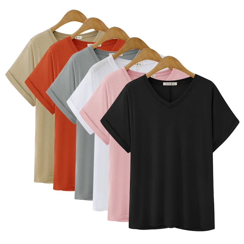 Summer V-Neck T-Shirt Women Cotton Basic Solid Tee Shirt Female Short Sleeve Kintwear Tops Harajuku Tshirt Ladies