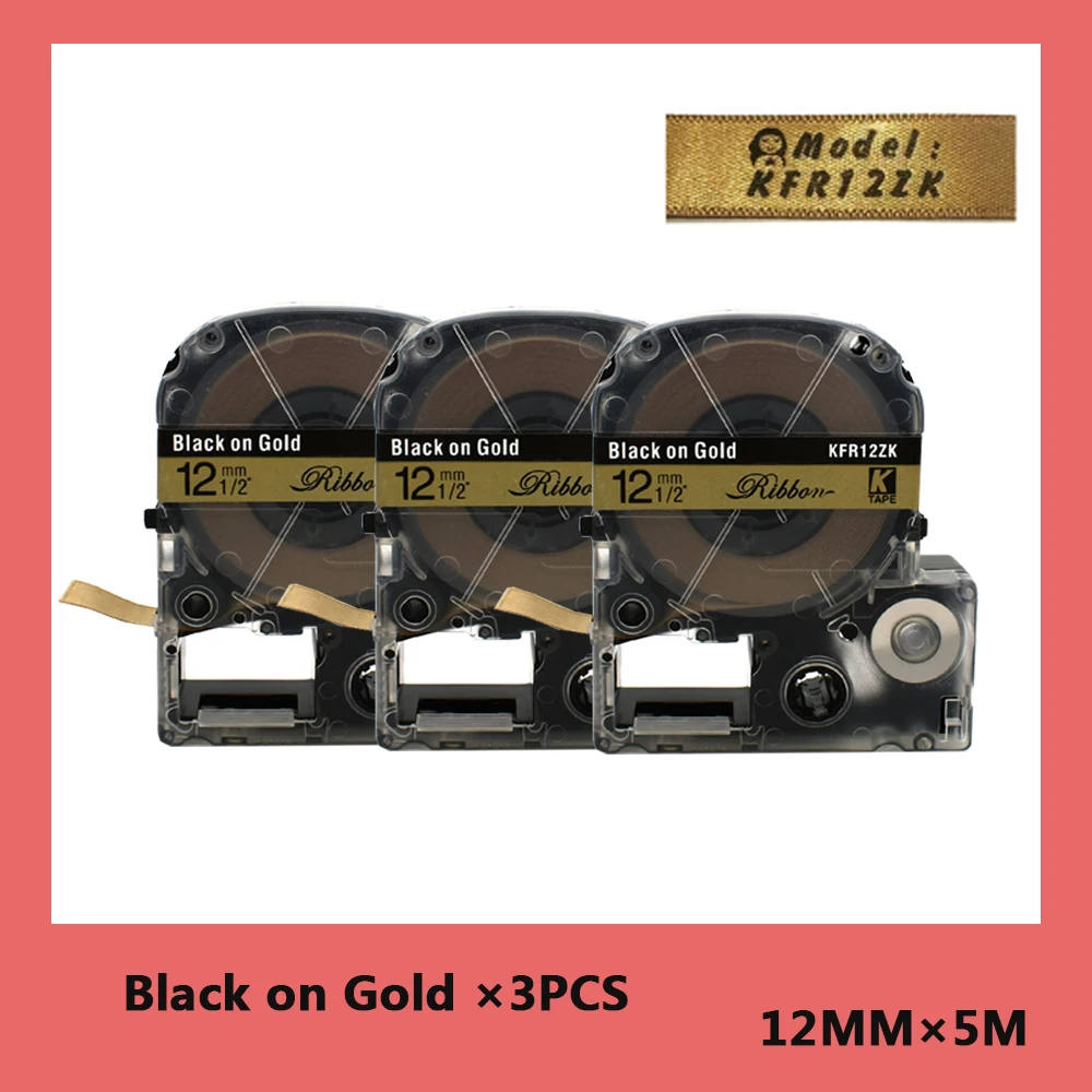 

3PCS Satin Ribbon Gold on Black 12mm*5m Compatible for Epson Printer Satin Ribbon SFR12KZ Tape Best for Gifts Wrapping DIY