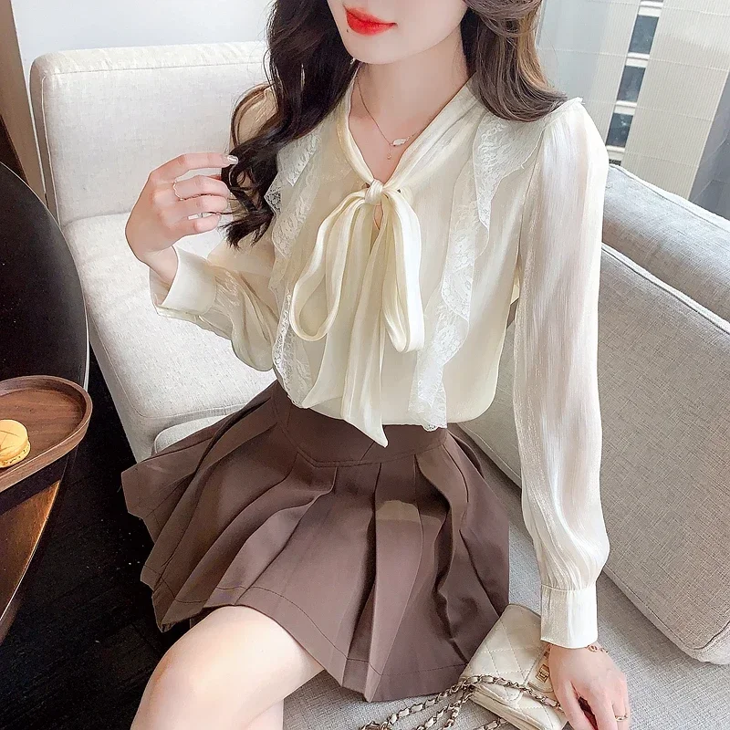 Новинка женская блузка с длинным рукавом и воротником-бантом шифоновая оборками