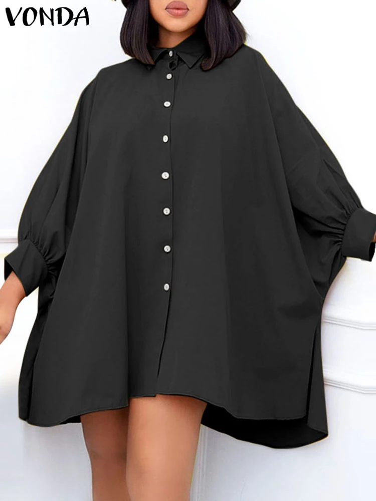 

2022 Summer Dress VONDA Women Bohemian Fashion Long Sleeve Party Mini Dress Lapel Button Down Casual Solid Shirt Vintage Dress