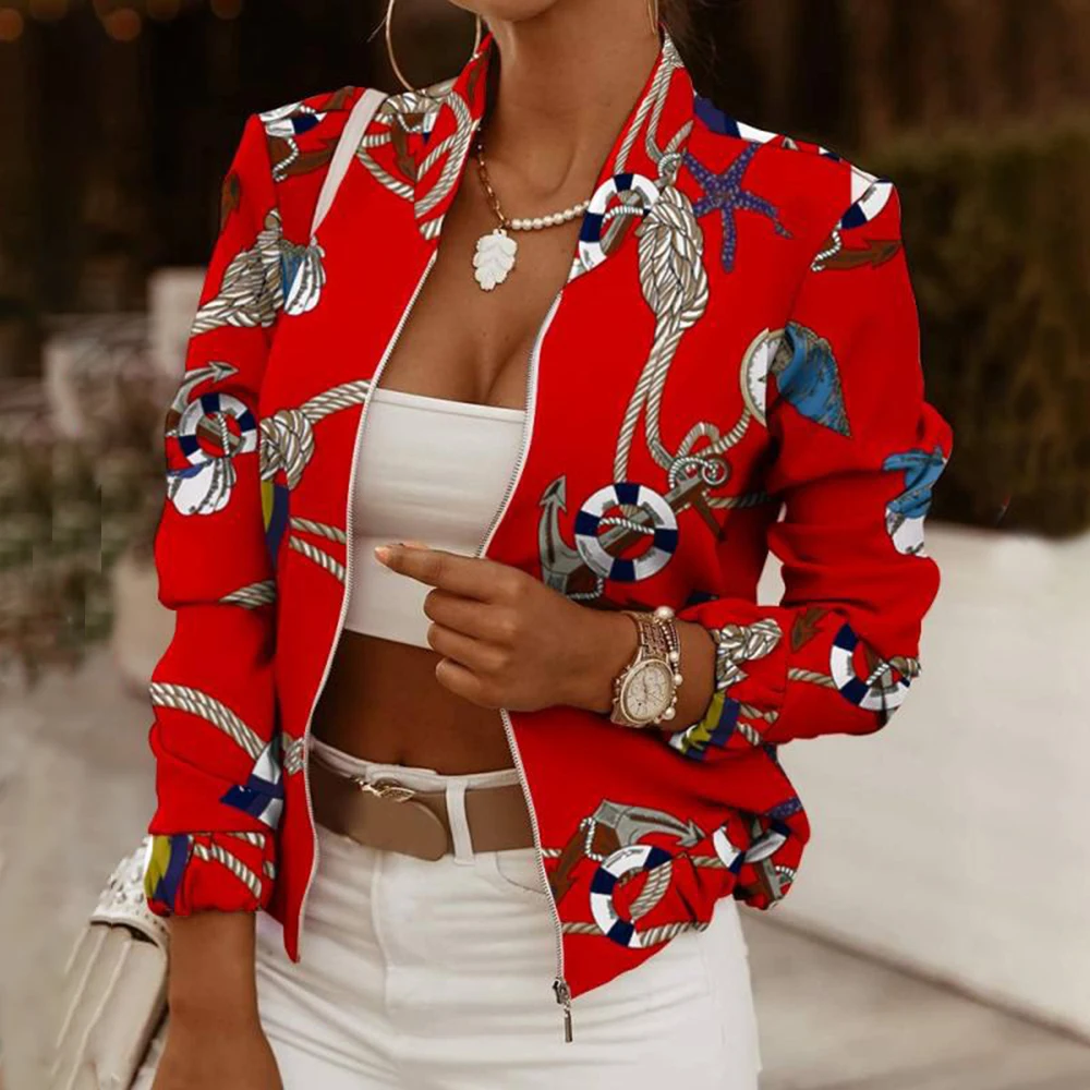 

Женская приталенная куртка на молнии, повседневная приталенная куртка с винтажным принтом, верхняя одежда с длинным рукавом, весна-осень 2022