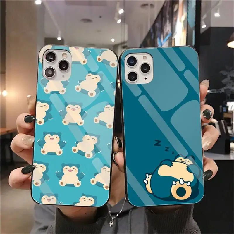 

Cute Pokemon Snorlax Phone Case Tempered Glass For iPhone 13 12 Mini 11 Pro XR XS MAX 8 X 7 Plus SE 2020 Soft Cover