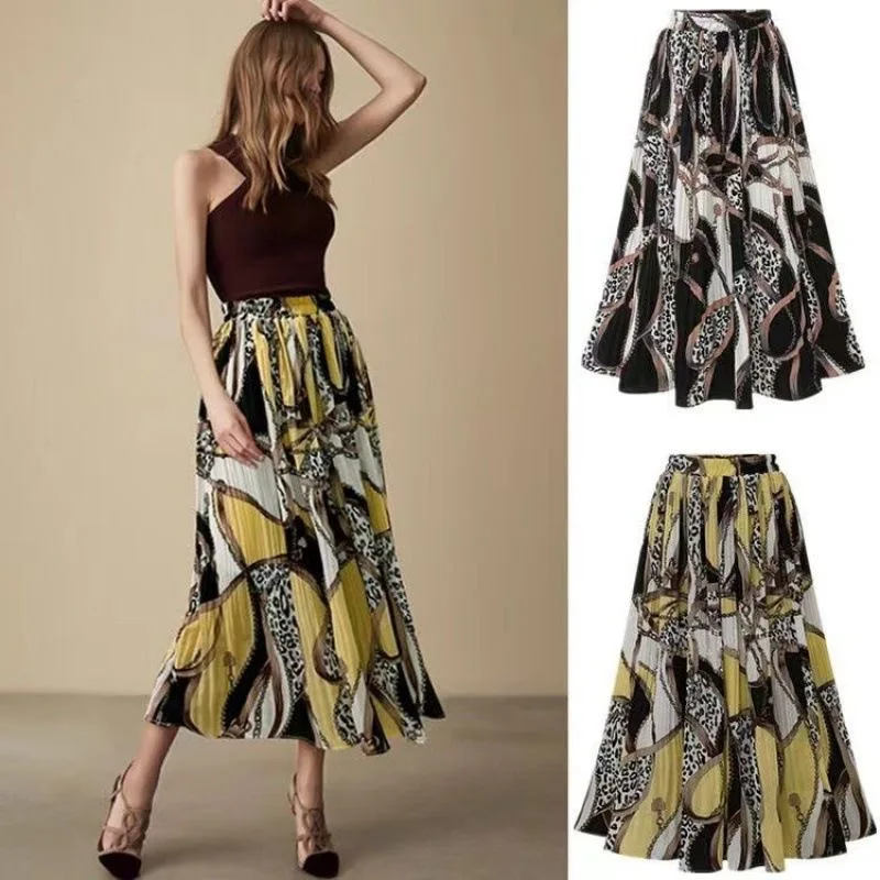 

Fashion High Waist Pleated Floral Skirt Elegant A-line Office Lady Chiffon Skirt 2023 Casual Mid Length Print Skirt Faldas 27307