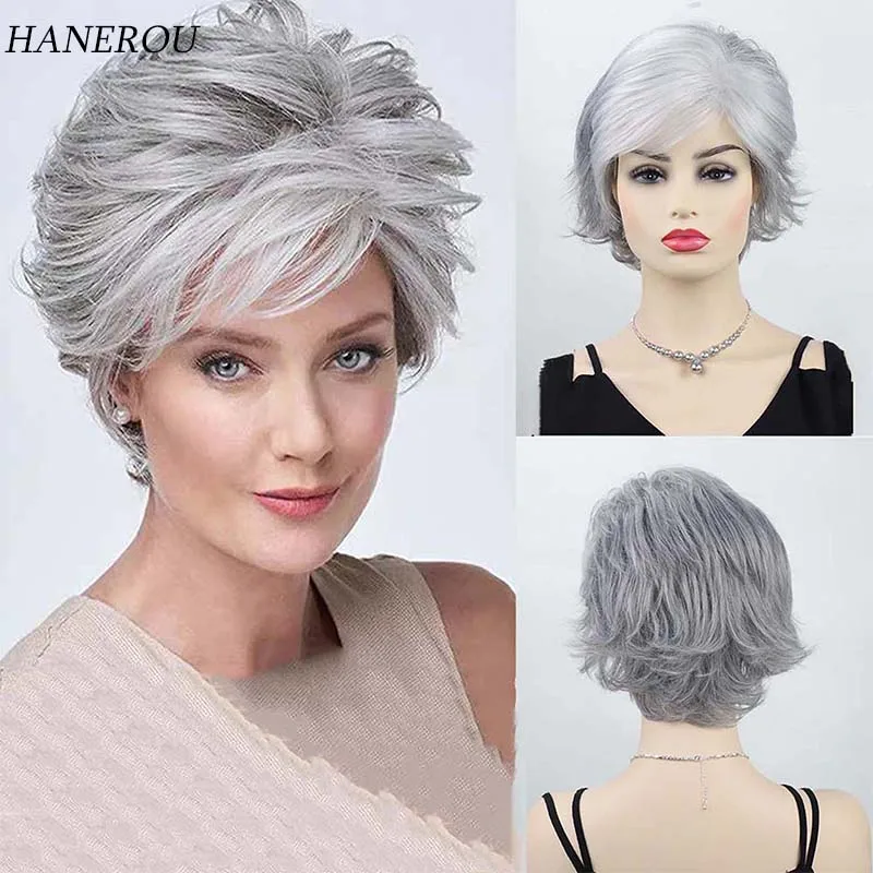 Короткие Серые парики с градиентом и челкой мягкие волнистые волосы для мамы