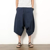 male track pants solid big pocket baggy pants trousers cotton linen men wide leg pants summer men casual calf length pants
