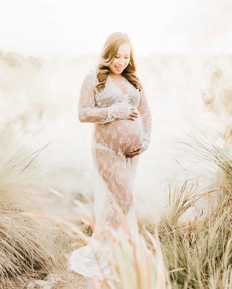 Sexy Deep V-Neck Maternity Dress for Photography Baby Shower Gown Floral Long Sleeve Lace Beach See-Through Pregnant Maxi Dress
