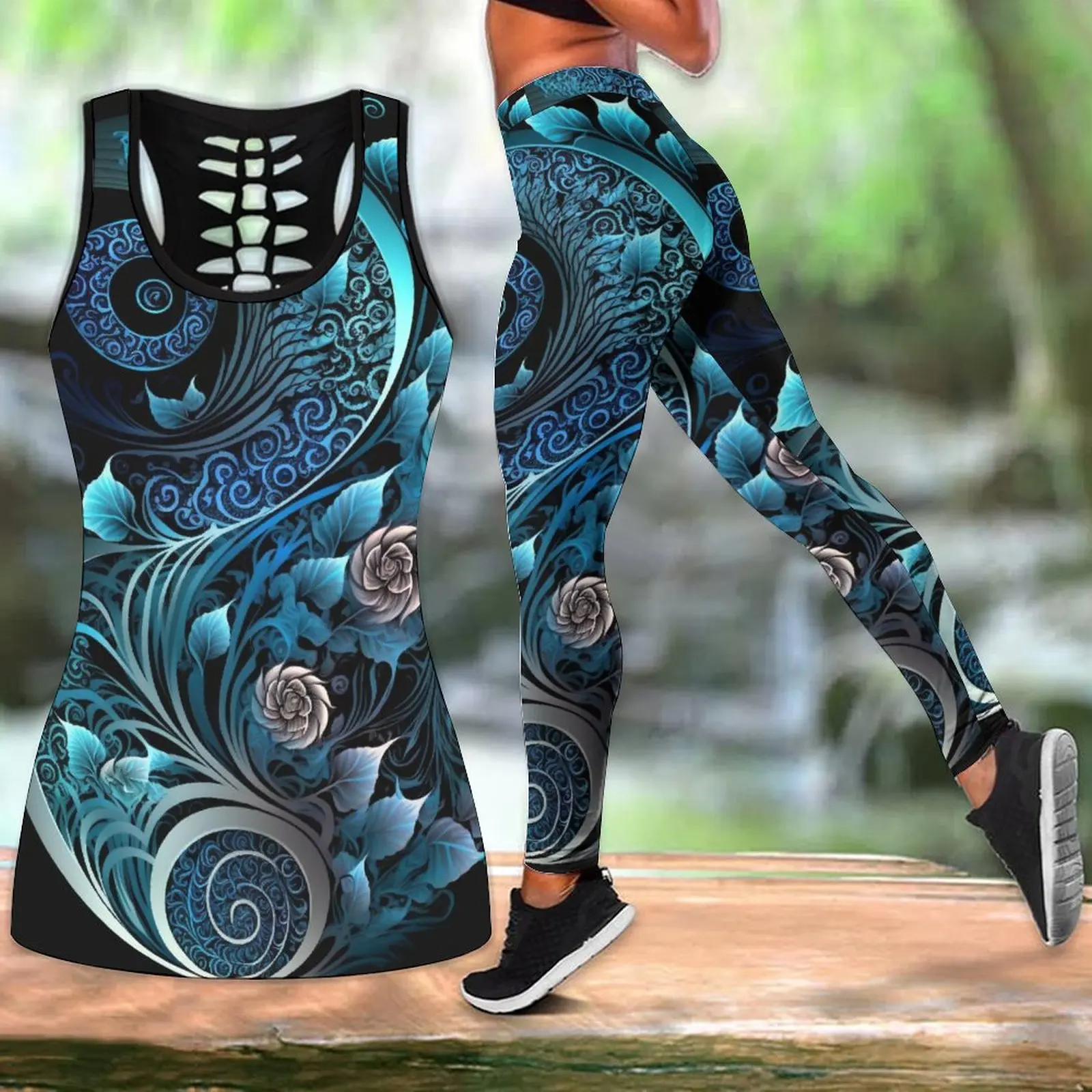 Summer Fashion Tank Top Leggings Spiral Wave Blue Print Summer Vest for Women Yoga Tank Tops Leggings Suit XS-8XL