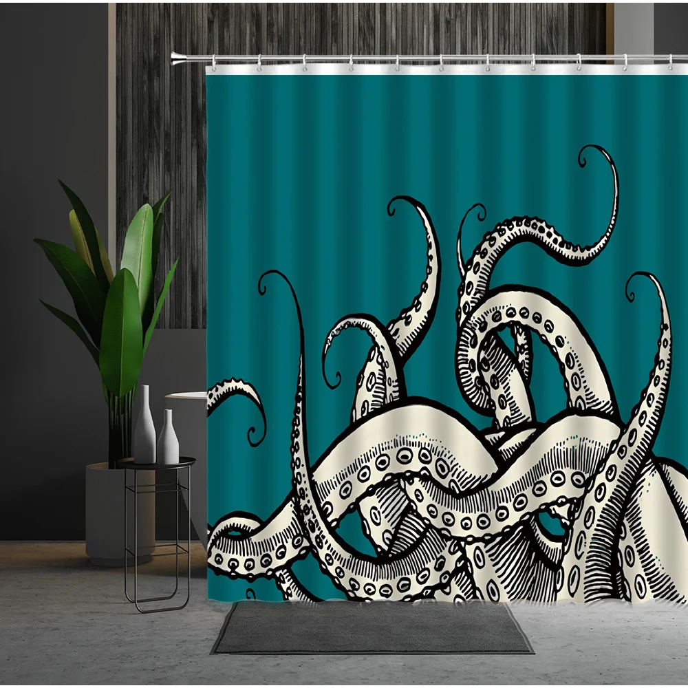 

monster Octopus Shower Curtain Marine Organism Tentacle Black And White Style Bath Curtains Bathroom Decor Fabric Hook
