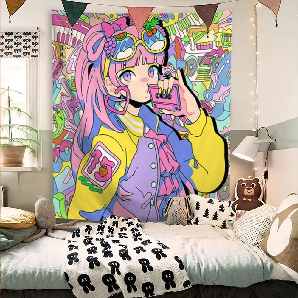 

Cartoon Girl Kawaii Tapestry Home Decor Wall Hanging Blanket Anime Tapestri Bedroom Background Decorative Cloth Sofa Tapestries