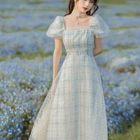 summer french puff sleeves square collar plaid princess dress high waist short sleeve vintage dress womens elegant sweet robes