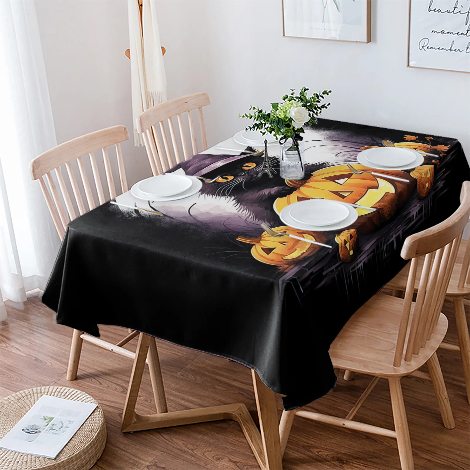 

Halloween Pumpkin Cat Horror Wizard Table Cloth Waterproof Dining Tablecloth Kitchen Decorative Party Table Cover