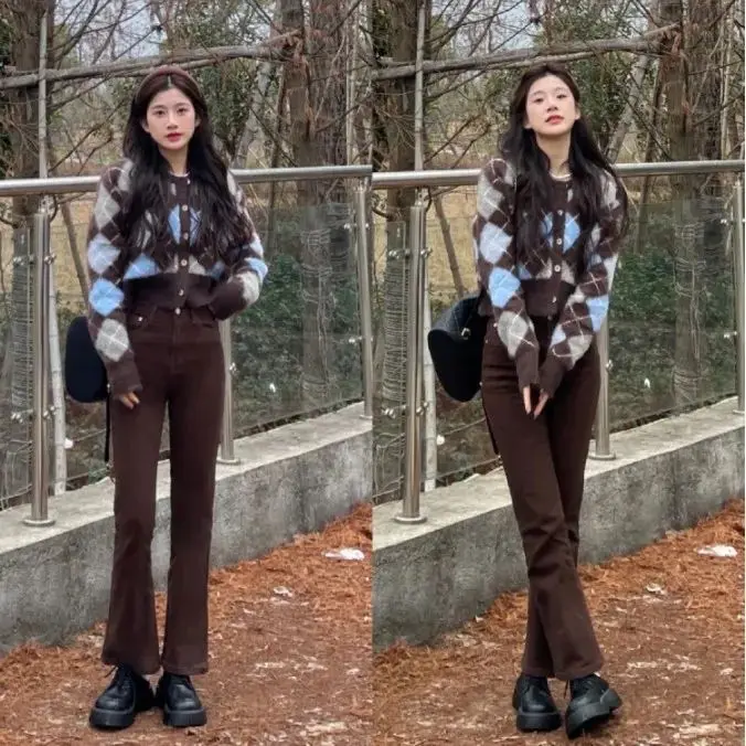 

Женский брючный костюм в стиле ретро, свободный свитер и джинсовые брюки-клеш с высокой талией, модель G142 на осень, 2023