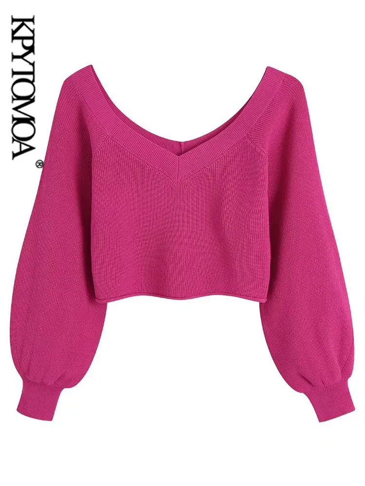 

Модный женский укороченный вязаный свитер KPYTOMOA, винтажные женские пуловеры с V-образным вырезом и длинными рукавами-фонариками, шикарные то...